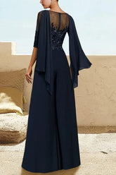 Chic Navy Blue Jumpsuit Pantsuits Half Sleeves Chiffon Evening Dresses With Appliques